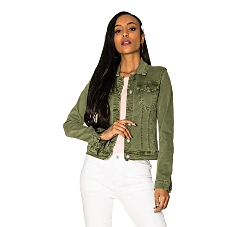 Nina Carter J212 Damen Jeansjacke Übergangsjacke Leichte Waschungseffekt Denim Casual Jacke (L, Khaki (J212-11N)) von Nina Carter