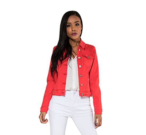 Nina Carter J212 Damen Jeansjacke Übergangsjacke Leichte Waschungseffekt Denim Casual Jacke (M, Rot (J212-9N)) von Nina Carter