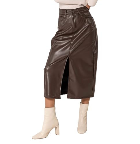 Nina Carter J225 Damen High Waist Wadenlanger Leder-Optik Rock mit Vorderem Schlitz Langer Rock Reißverschluss Lederlook, Dunkelbraun (J225), M von Nina Carter