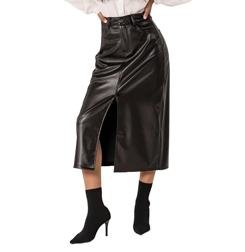 Nina Carter J225 Damen High Waist Wadenlanger Leder-Optik Rock mit Vorderem Schlitz Langer Rock Reißverschluss Lederlook, Schwarz (J225-1), M von Nina Carter