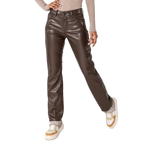 Nina Carter J226 Damen-Hose in Lederoptik Gerader Schnitt High Waist Lederhose Straight Fit Hose (Dunkelbraun (J226), XS) von Nina Carter