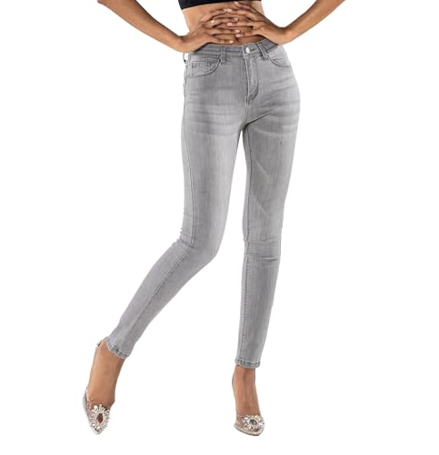 Nina Carter P076 Damen Skinny Fit Jeans High Waist Jeanshosen Push-Up Stretch Used-Look Denim Hose (Silbergrau (P076-7), L) von Nina Carter