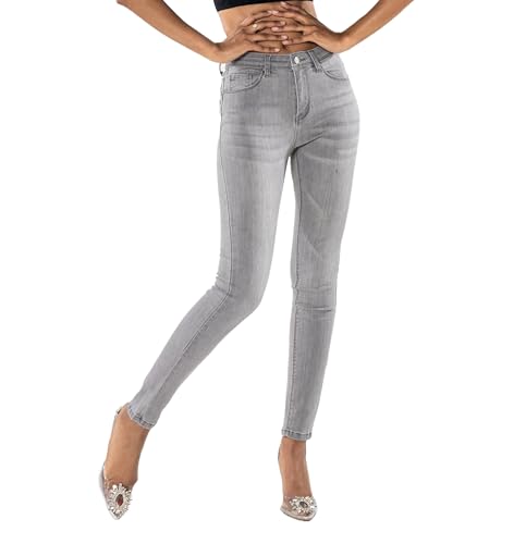 Nina Carter P076 Damen Skinny Fit Jeans High Waist Jeanshosen Push-Up Stretch Used-Look Denim Hose (Silbergrau (P076-7), M) von Nina Carter