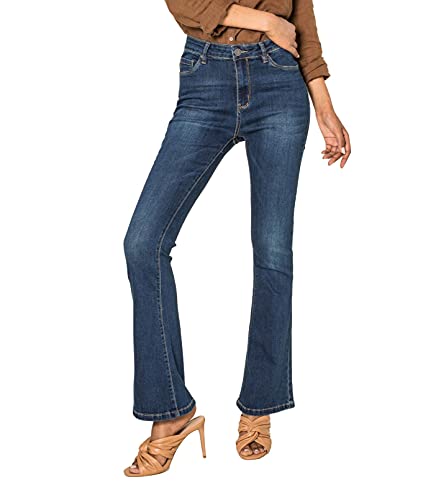 Nina Carter P079 Damen Jeanshosen Flared Bootcut Zip Used Look Ausgestellte Jeans Schlaghosen (Dunkelblau (P079), M) von Nina Carter