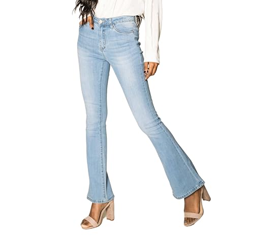 Nina Carter P079 Damen Jeanshosen Flared Bootcut Zip Used Look Ausgestellte Jeans Schlaghosen (Hellblau (P079-6), L) von Nina Carter
