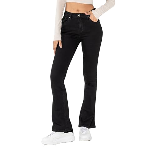 Nina Carter P079 Damen Jeanshosen Flared Bootcut Zip Used Look Ausgestellte Jeans Schlaghosen (Schwarz (P079-2), XS) von Nina Carter