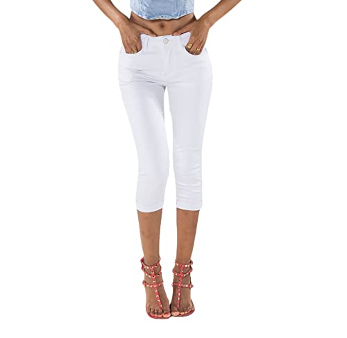 Nina Carter P132 Damen Capri Skinny Fit Jeanshosen HIGH Waist Jeans Used-Look Waschungseffekt, Weiß (P132-9), M von Nina Carter