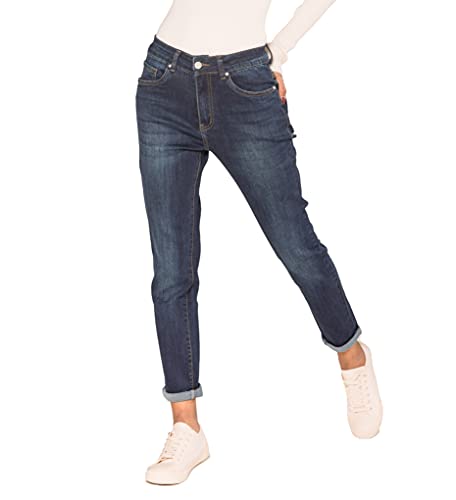 Nina Carter P189 Damen Mom Fit Jeanshosen High Waist Straight Jeans Used-Look Waschungseffekt (Dunkelblau (P189-2), S) von Nina Carter