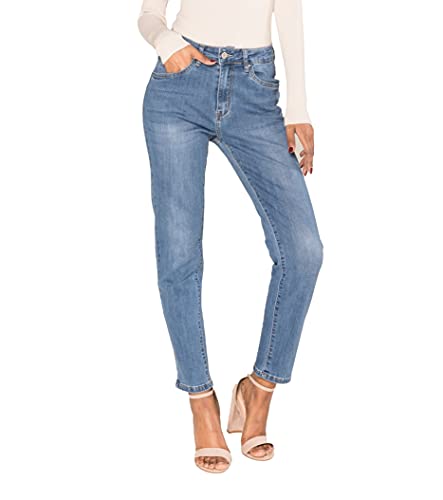 Nina Carter P189 Damen Mom Fit Jeanshosen High Waist Straight Jeans Used-Look Waschungseffekt (Hellblau (P189-5), S) von Nina Carter