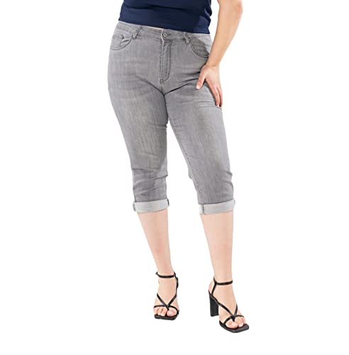 Nina Carter P200 Damen Capri Jeanshosen Große Größen HIGH Waist Jeans Sommer Hose Used-Look, Hellgrau (P200-7), 40 von Nina Carter