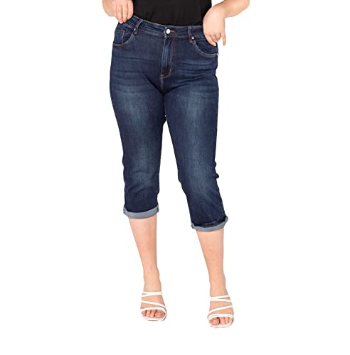 Nina Carter P200 Damen Capri Jeanshosen Große Größen HIGH Waist Jeans Sommer Hose Used-Look (40, Dunkelblau (P200-2)) von Nina Carter