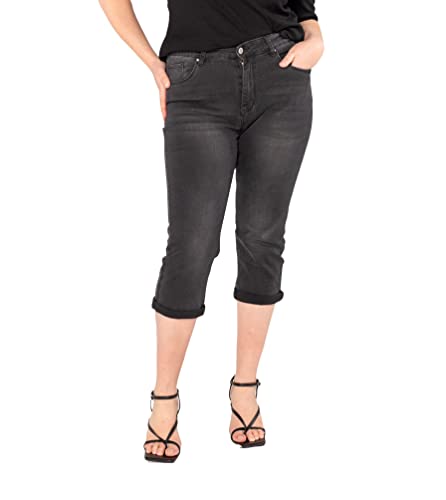 Nina Carter P200 Damen Capri Jeanshosen Große Größen HIGH Waist Jeans Sommer Hose Used-Look (40, Dunkelgrau (P200-3)) von Nina Carter