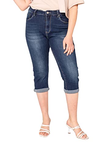 Nina Carter P200 Damen Capri Jeanshosen Große Größen HIGH Waist Jeans Sommer Hose Used-Look (42, Dunkelblau (P200-1)) von Nina Carter