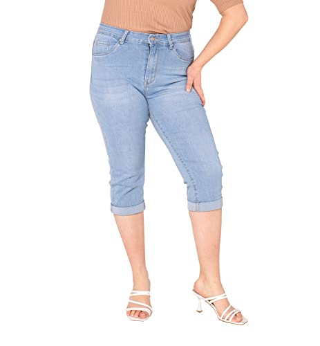 Nina Carter P200 Damen Capri Jeanshosen Große Größen HIGH Waist Jeans Sommer Hose Used-Look (42, Hellblau (P200-6)) von Nina Carter