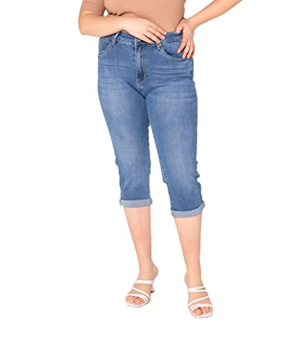 Nina Carter P200 Damen Capri Jeanshosen Große Größen HIGH Waist Jeans Sommer Hose Used-Look (48, Blau (P200-5)) von Nina Carter
