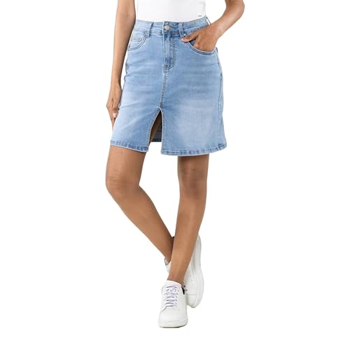 Nina Carter P213 Damen Kurzer Jeansrock mit Vorderem Schlitz Reißverschluss Stretch Used-Look (Hellblau (P213-6), L) von Nina Carter