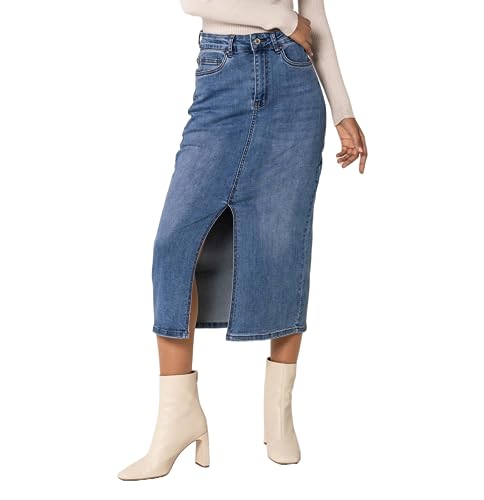 Nina Carter P215 Damen High Waist Wadenlanger Jeansrock mit Vorderem Schlitz Langer Rock Reißverschluss Stretch Used-Look, Blau (P215-5), L von Nina Carter