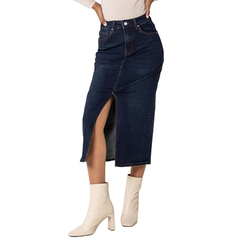 Nina Carter P215 Damen High Waist Wadenlanger Jeansrock mit Vorderem Schlitz Langer Rock Reißverschluss Stretch Used-Look, Dunkelblau (P215-2), L von Nina Carter