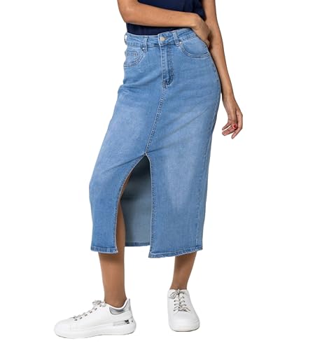 Nina Carter P215 Damen High Waist Wadenlanger Jeansrock mit Vorderem Schlitz Langer Rock Reißverschluss Stretch Used-Look, Hellblau (P215-6), L von Nina Carter