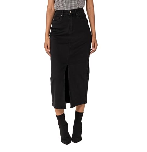 Nina Carter P215 Damen High Waist Wadenlanger Jeansrock mit Vorderem Schlitz Langer Rock Reißverschluss Stretch Used-Look, Schwarz (P215-8), S von Nina Carter