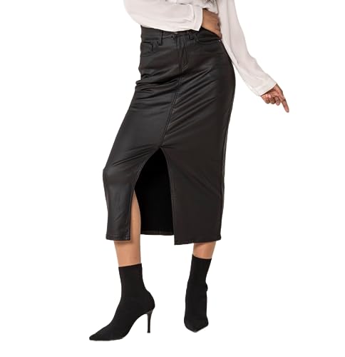 Nina Carter P215 Damen High Waist Wadenlanger Leder-Optik Rock mit Vorderem Schlitz Langer Rock Reißverschluss Stretch Lederlook, Schwarz (LP215), L von Nina Carter