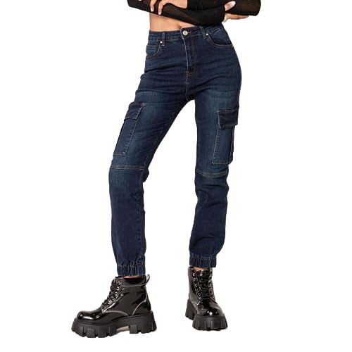 Nina Carter P219 Damen Cargo Jeans High Waist Relaxed Fit Jeanshosen Elastischen Beinabschlüssen Used-Look, Dunkelblau (P219-2), XL von Nina Carter