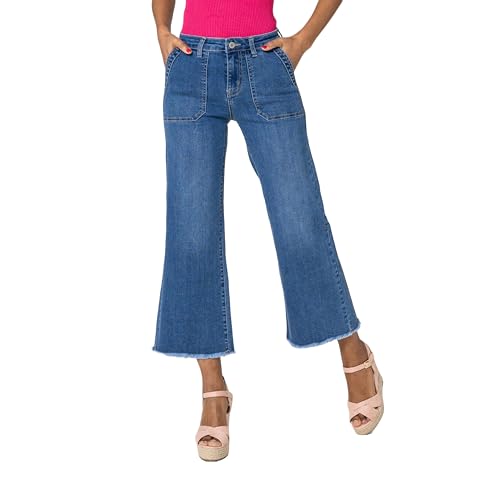 Nina Carter P512 Damen Flared Jeans – 7/8 Cropped, Mittelhoher Bund, Stretch, Ausgefranster Saum, Used Look, Schlaghose mit Ziernähten & Taschen (Blau (P512-5), XXL) von Nina Carter