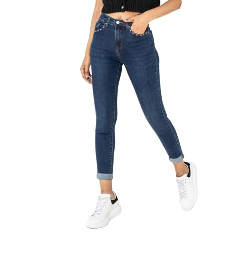 Nina Carter P605 Damen High-Waist Jeans mit Nieten-Details Slim Fit Stretch Jeanshose Used-Look (Dunkelblau (P605-2), XL) von Nina Carter