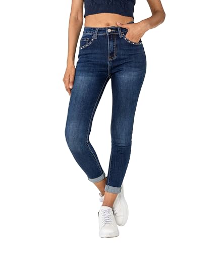 Nina Carter P605 Damen High-Waist Jeans mit Nieten-Details Slim Fit Stretch Jeanshose Used-Look (Rohblau (P605-9), L) von Nina Carter