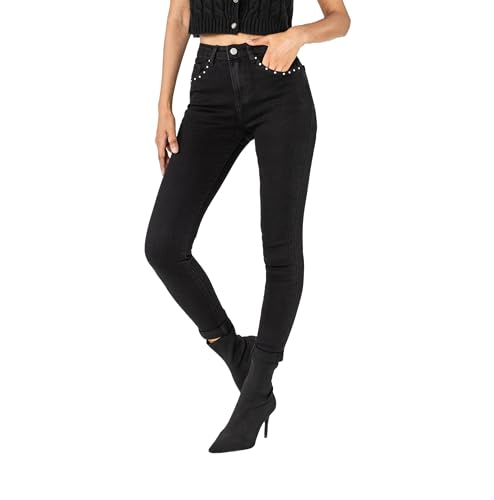 Nina Carter P605 Damen High-Waist Jeans mit Nieten-Details Slim Fit Stretch Jeanshose Used-Look (Schwarz (P605-8), L) von Nina Carter