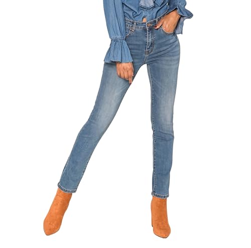 Nina Carter Q1803 Damen High Waist Straight Leg Jeans - Regular Fit Jeanshose mit geradem Beinschnitt Used-Look, Mittelblau (Q1803-2), S von Nina Carter