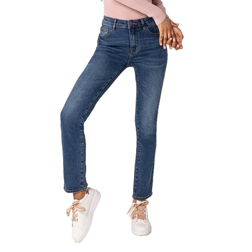 Nina Carter Q1803 Damen High Waist Straight Leg Jeans - Regular Fit Jeanshose mit geradem Beinschnitt Used-Look, Steinwasch-Blau (Q1803-11), XS von Nina Carter