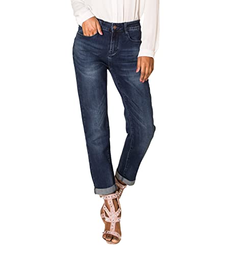 Nina Carter Q1806 Damen Boyfriend Jeanshosen HIGH Waist Used-Look Jeans Waschungseffekt (Dunkelblau (Q1806-1), M) von Nina Carter