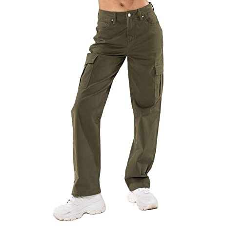 Nina Carter Q1885 Damen Cargo Jeans High Waist Cargohose Stretch Straight Leg Hose, Khaki (Q1885-2), L von Nina Carter