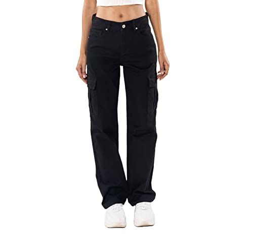 Nina Carter Q1885 Damen Cargo Jeans High Waist Cargohose Stretch Straight Leg Hose, Schwarz (Q1885-1), L von Nina Carter