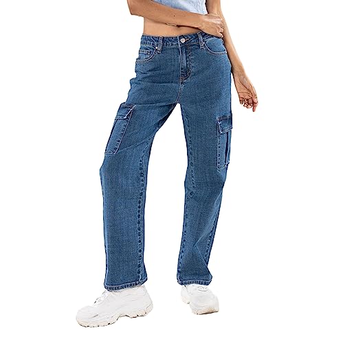 Nina Carter Q1888 Damen Cargo Jeans High Waist Cargohose Stretch Straight Leg Hose, Blau (Q1888), L von Nina Carter