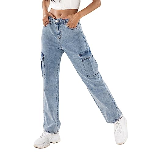 Nina Carter Q1888 Damen Cargo Jeans High Waist Cargohose Stretch Straight Leg Hose, Hellblau (Q18881), L von Nina Carter