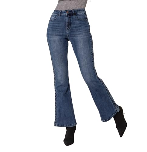 Nina Carter Q1897 Damen Bootcut Jeans HIGH Waist Stretchjeans Flared Jeanshosen Used-Look Schlaghosen, Blau (Q1897), S von Nina Carter