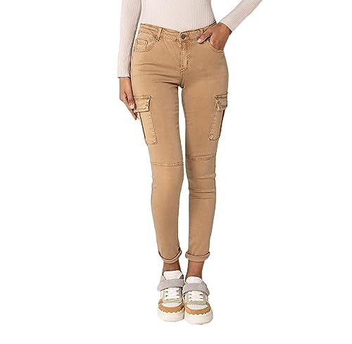 Nina Carter S353 Damen Cargohosen Skinny Fit Jeanshosen Cargo Jeans Stretchjeans Cargojeans Used Look, Beige (S352-1), L von Nina Carter