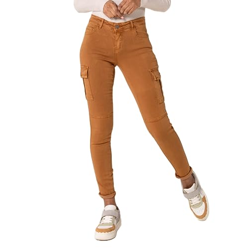 Nina Carter S353 Damen Cargohosen Skinny Fit Jeanshosen Cargo Jeans Stretchjeans Cargojeans Used Look, Camel (S352-2), S von Nina Carter