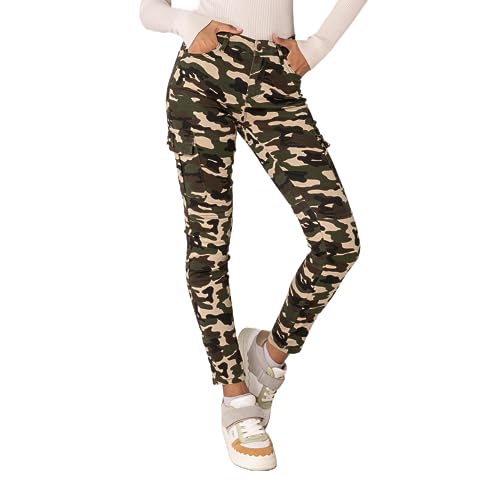 Nina Carter S353 Damen Cargohosen Skinny Fit Jeanshosen Cargo Jeans Stretchjeans Cargojeans Used Look, Camouflage Beige (S530), L von Nina Carter