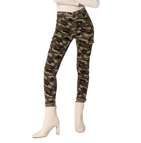 Nina Carter S353 Damen Cargohosen Skinny Fit Jeanshosen Cargo Jeans Stretchjeans Cargojeans Used Look, Camouflage Khaki (S529), L von Nina Carter