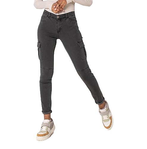 Nina Carter S353 Damen Cargohosen Skinny Fit Jeanshosen Cargo Jeans Stretchjeans Cargojeans Used Look, Grau (S352-3), M von Nina Carter