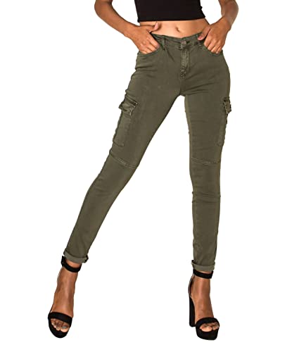 Nina Carter S353 Damen Cargohosen Skinny Fit Jeanshosen Cargo Jeans Stretchjeans Cargojeans Used Look (Dunkel Khaki (S378), L) von Nina Carter