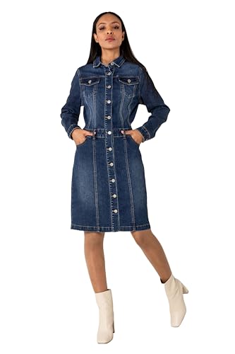 Nina Carter S538 Damen Jeanskleid mit Knöpfen Langärmlig Denim Kleid Stretch Knielang Blusenkleid Used-Look (Dunkelblau (S538), S) von Nina Carter