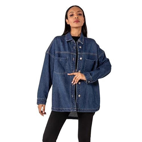 Nina Carter S539 Damen Oversized Jeanshemd Leichte Jeansjacke Übergangsjacke Hemdjacken mit Waschungseffekt Used Look Casual (DE/NL/SE/PL, Alphanumerisch, L, Regular, Regular, Blau (S551)) von Nina Carter