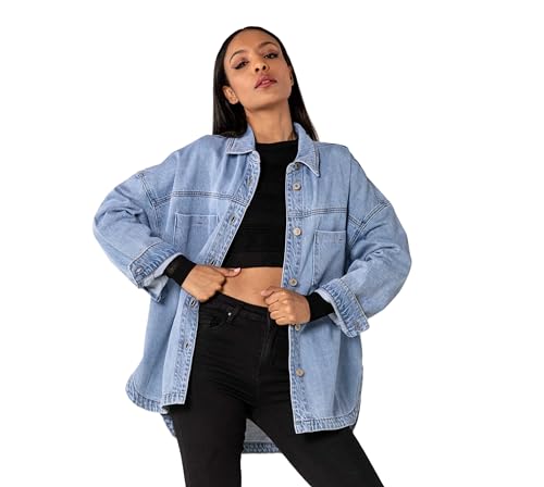 Nina Carter S539 Damen Oversized Jeanshemd Leichte Jeansjacke Übergangsjacke Hemdjacken mit Waschungseffekt Used Look Casual (Hellblau (S539), L) von Nina Carter