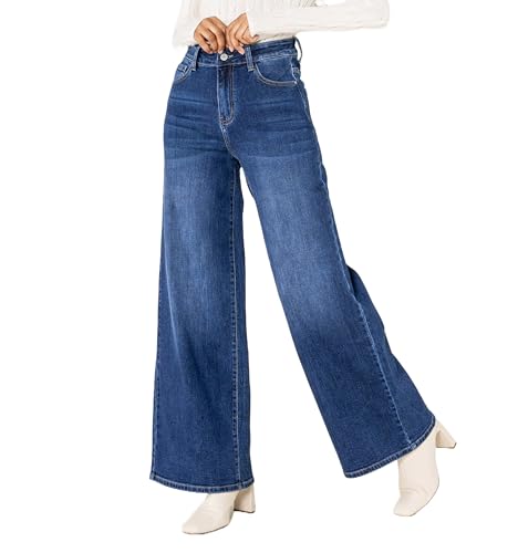 Nina Carter YY300 Damen High-Waisted Jeans Wide-Leg Flared Stretch Jeanshosen Used Look (Dunkelblau (YY-300-9), M) von Nina Carter