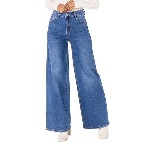 Nina Carter YY300 Damen High-Waisted Jeans Wide-Leg Flared Stretch Jeanshosen Used Look (Mittelblau (YY-300-2), XS) von Nina Carter
