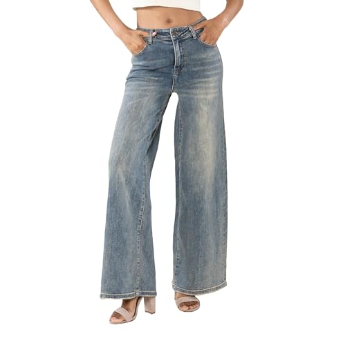 Nina Carter YY300 Damen High-Waisted Jeans Wide-Leg Flared Stretch Jeanshosen Used Look (Vintage Blau (YY300-13), S) von Nina Carter